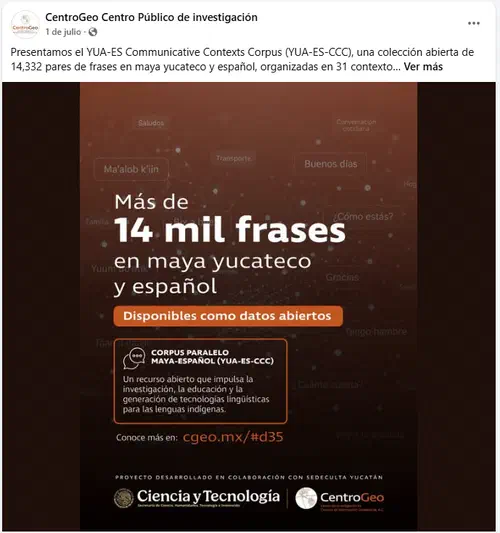 CentroGeo: introduces the Maya–Spanish parallel corpus YUA-ES-CCC